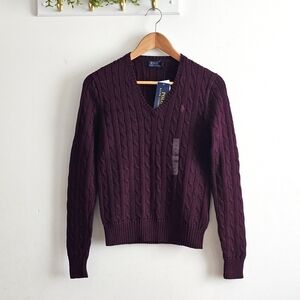 NWT Ralph Lauren Polo Cable Knit V-Neck Sweater Burgundy Red Cotton M